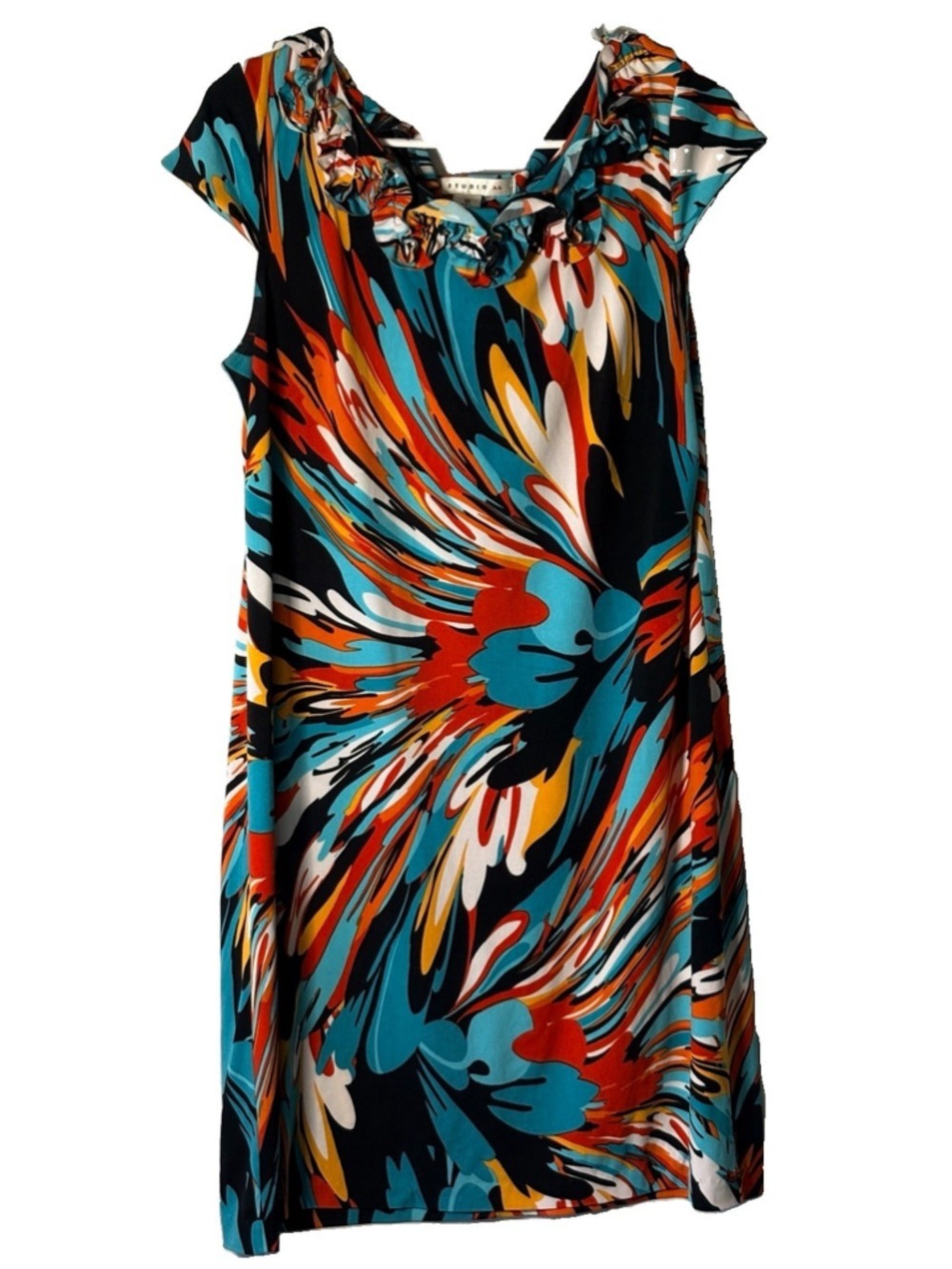 Studio AA Dress Womens 10 Multicolor Abstract Print Ruffle Neck Cap Sleeve Mini